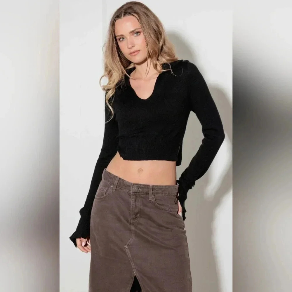 Trendy Cut Out Collared Crop Soft Long Sleeve Sweater Top #417-418